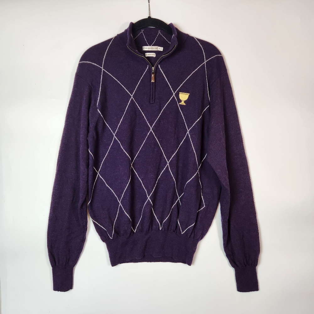 Peter Millar Shirt Mens Size M Purple Argyle Print Merino Wool Rare Gold Cup 1/4